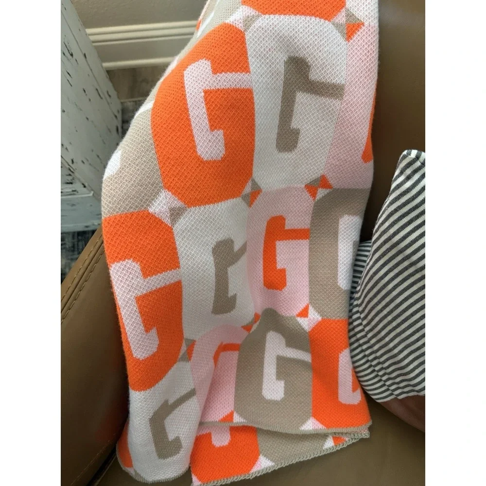BAUBLEBAR Knitted Reversible Throw‎ Blanket Geometric G Orange/Pink/Gray 52x70
